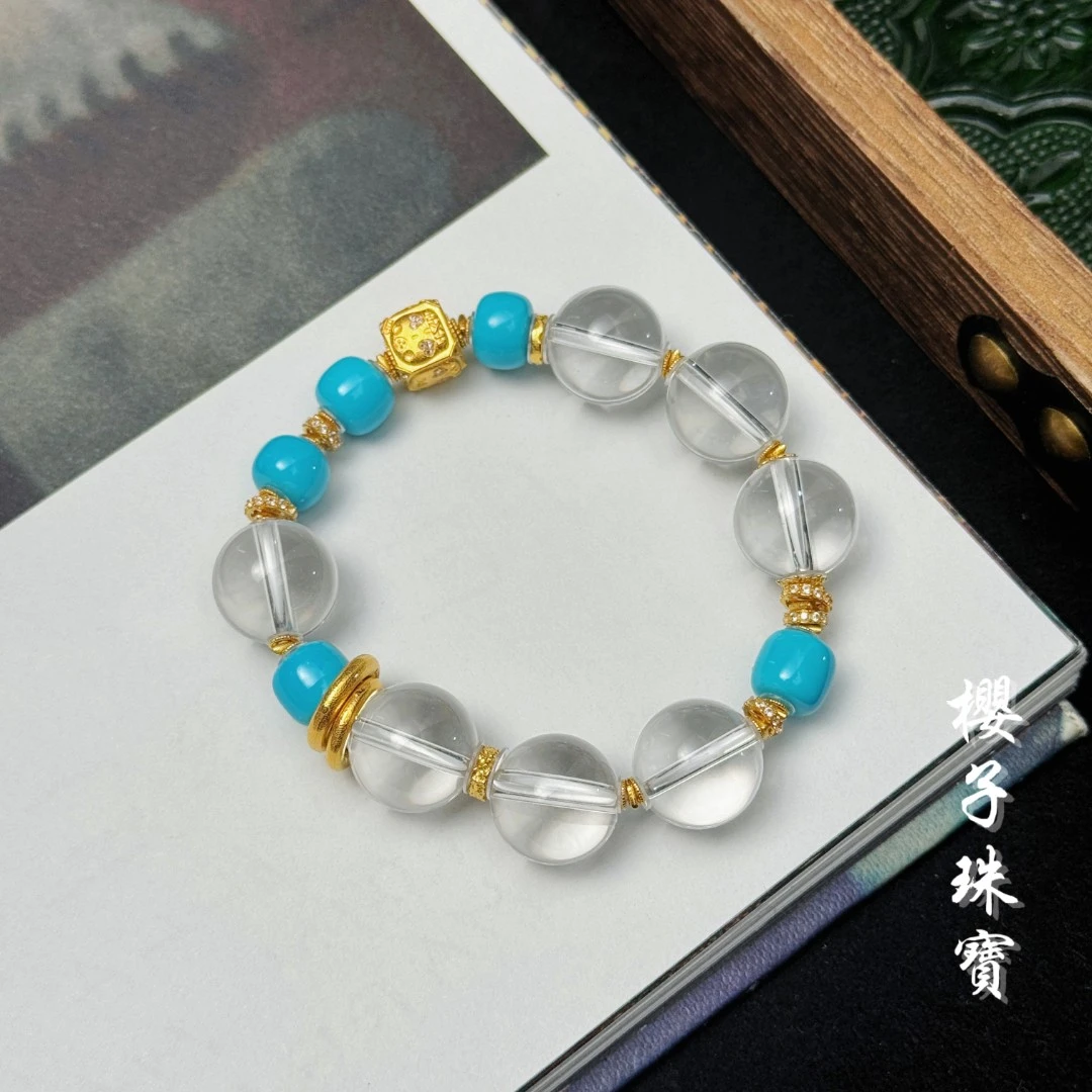樱子 | 晴川 18K高瓷原矿老形绿松双A14m白水晶时尚手串*YZBS2258