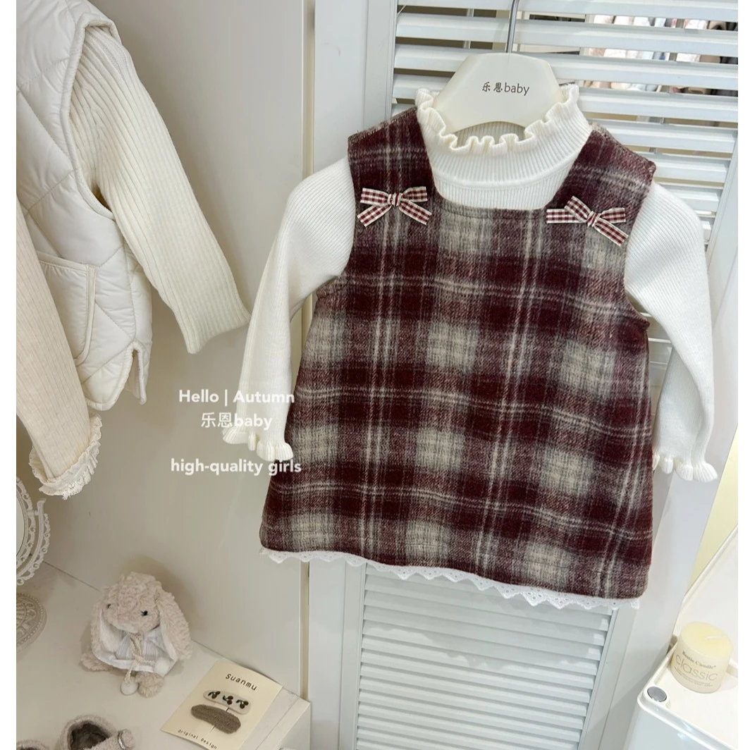 现货【乐恩童装】女童秋冬季红色格子背心裙洋气宝宝米色毛衣两件套