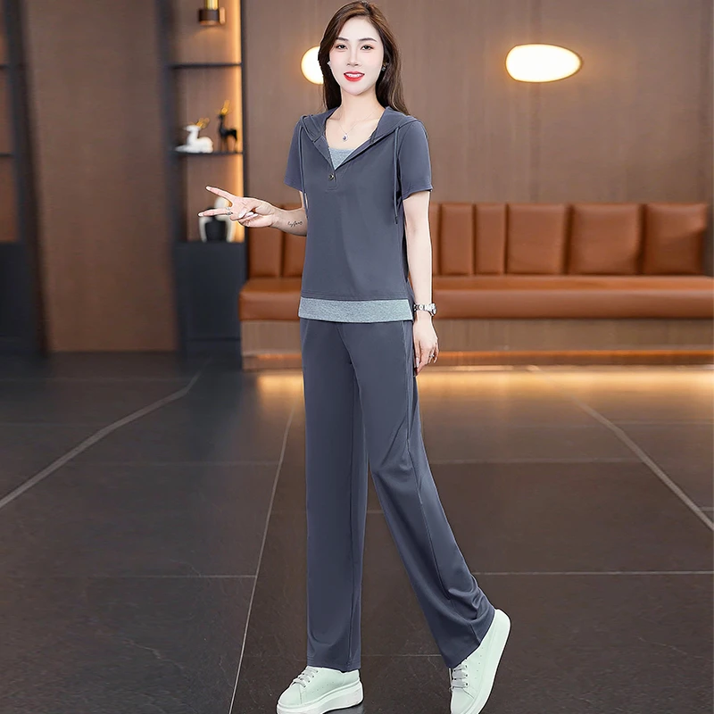 中年妈妈夏装时尚休闲运动服套装女夏季连帽减龄短袖T恤两件套薄