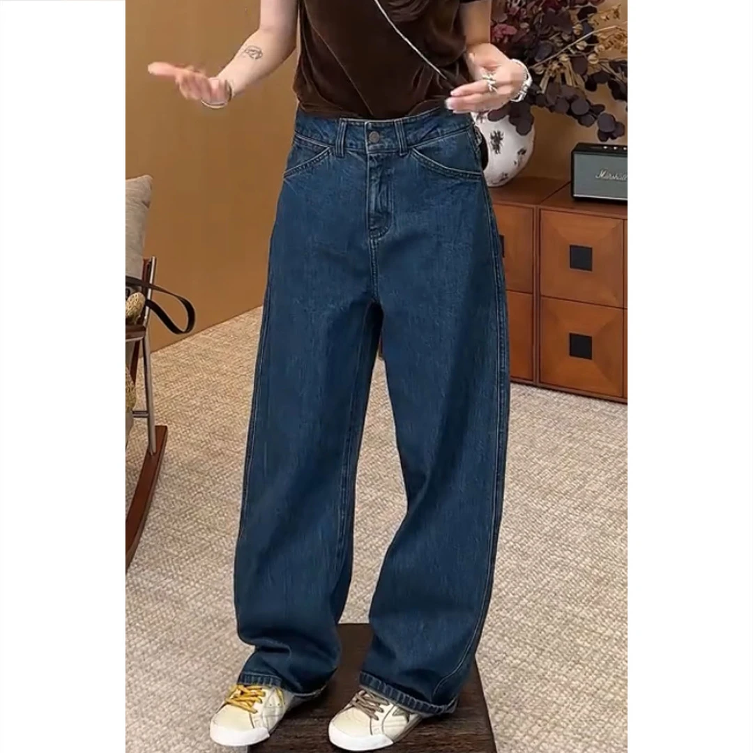 艾塔莉夏季女款常规蓝色宽松水洗牛仔裤显瘦弯刀裤高腰百搭阔腿裤