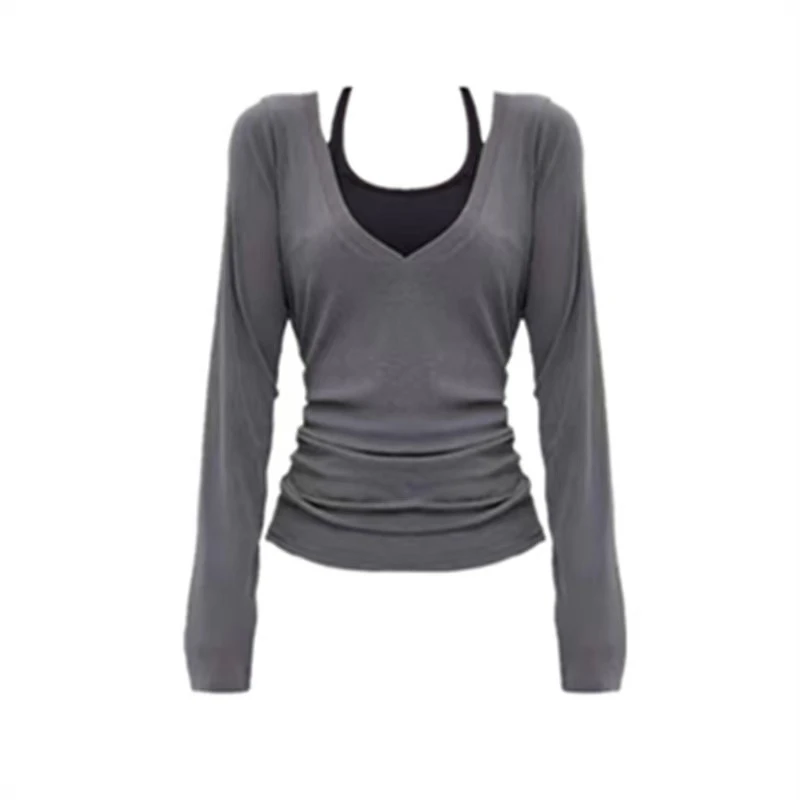 大码辣妹挂脖假两件长袖t恤女2025早秋新款设计感别致超好看上衣