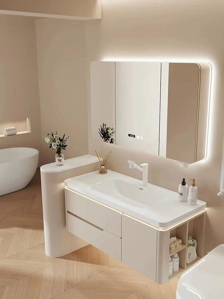 陶瓷一体盆圆角浴室柜组合卫生间橡木洗手洗脸盆柜洗漱台