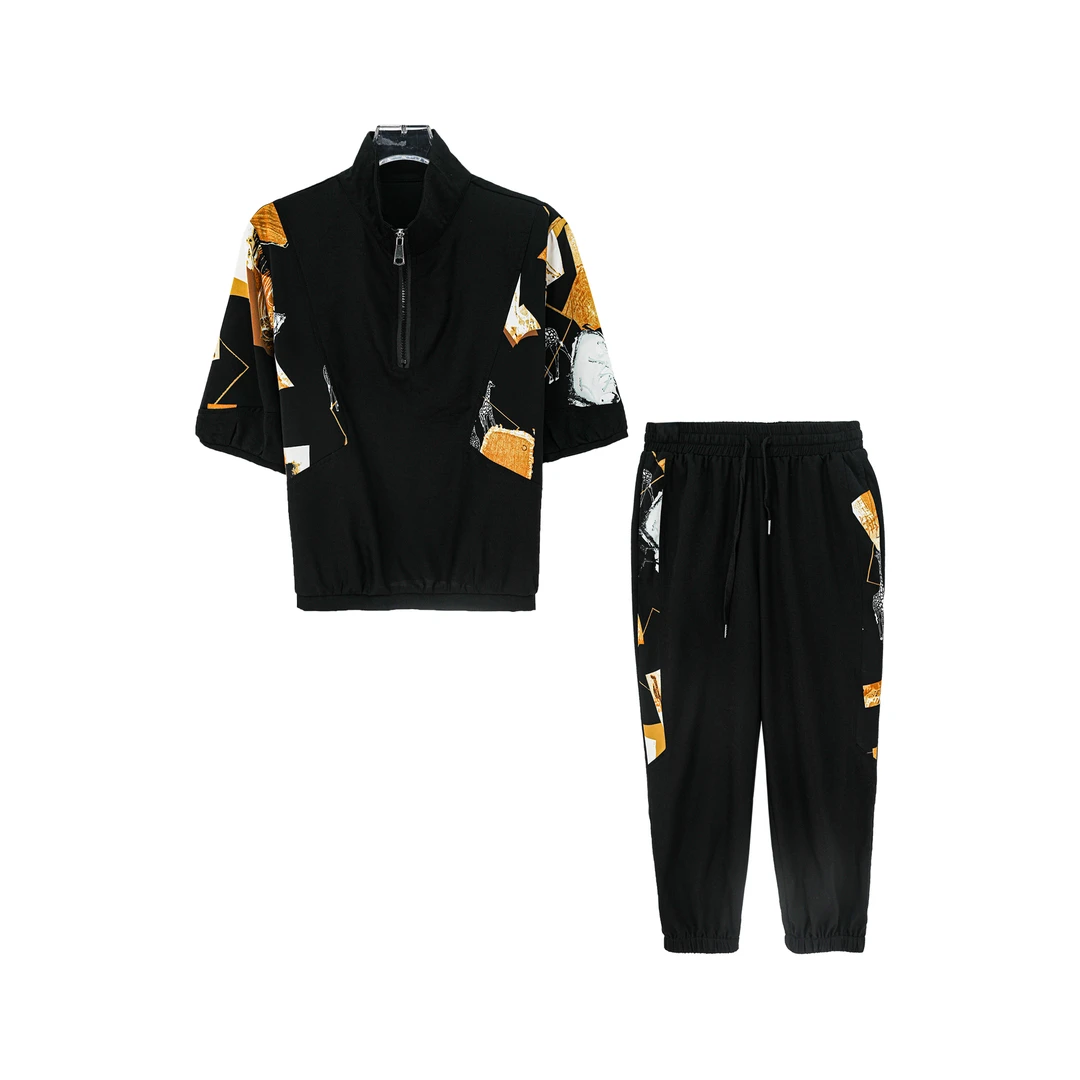 X26303拉链休闲裤修身裤子百搭T恤夏季印花套装