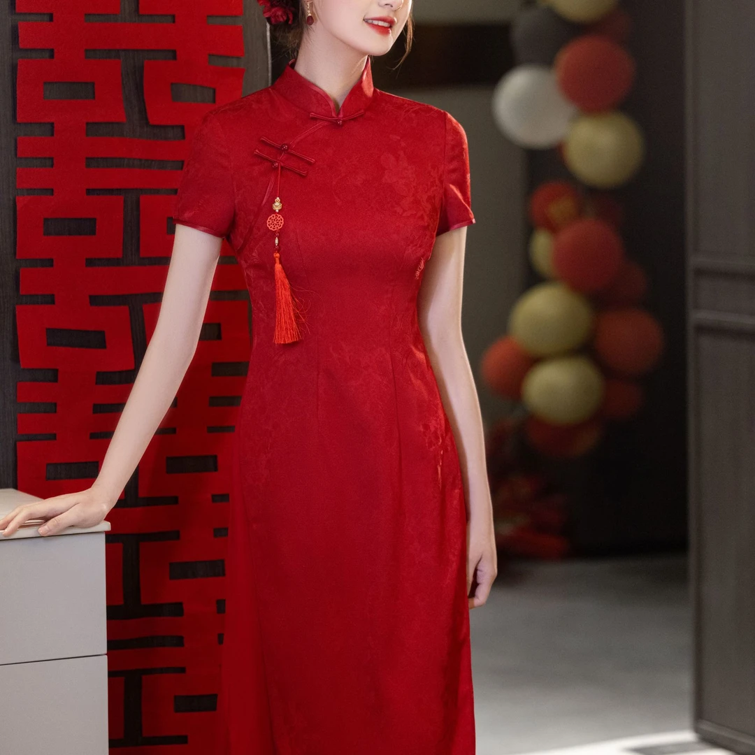 <夕颜>红色旗袍女2025新款高级感改良长款订婚新中式结婚敬酒服