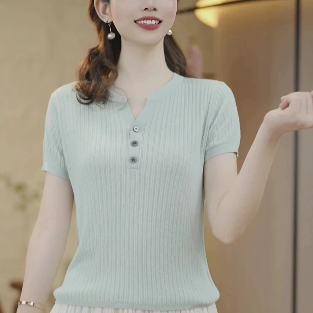 2025春夏新款通勤风韩版气质半开领设计感短袖针织衫女休闲风上衣