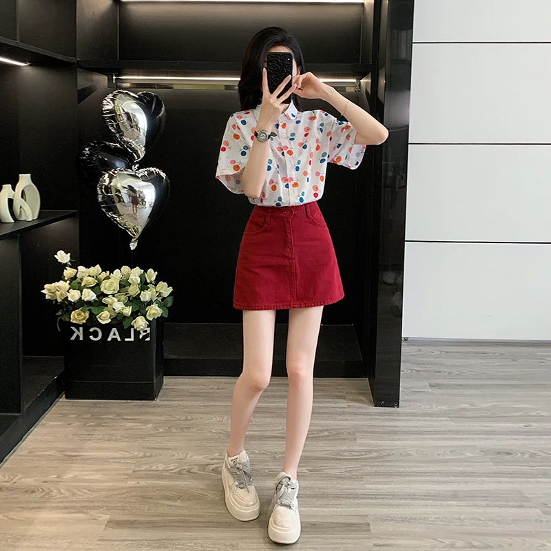 夏日绝美穿搭小个子套装夏季牛仔短款半身裙翻领针织短袖上衣两件