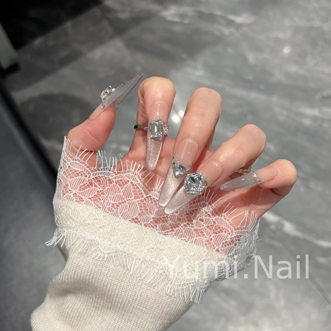 【298】柚米穿戴甲 白色法式猫眼爆闪清纯美甲