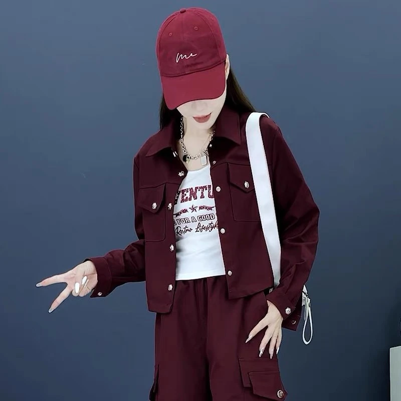 9640#时尚工装套装女春·季2025款洋气减龄短外套背心直筒裤三件套