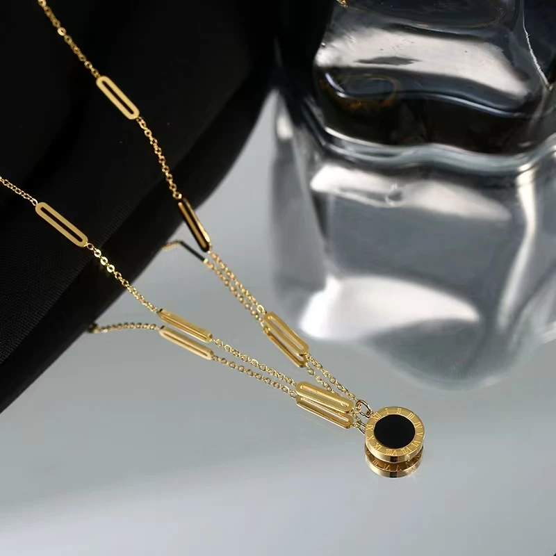 钛钢项链 【外贸】罗马数字黑白贝钛钢设计风项链