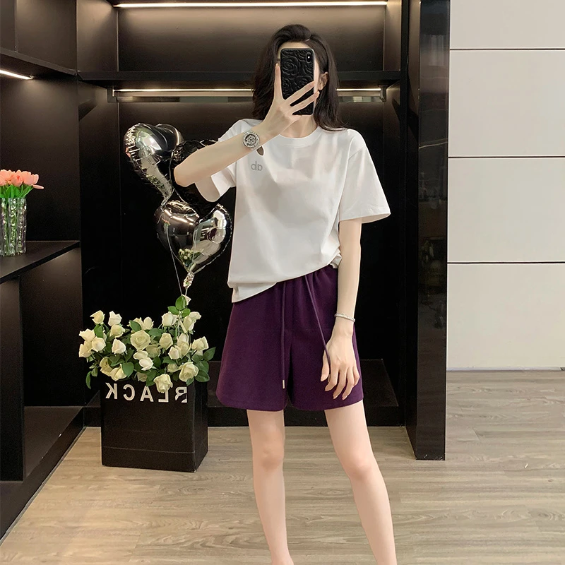 韩版设计感夏季新款时尚百搭白色圆领短袖T恤紫色短裤休闲套装女