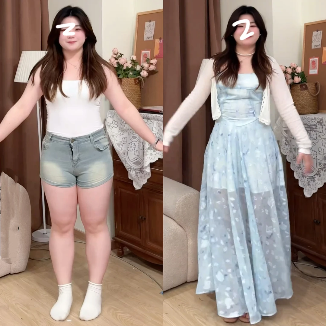 大码胖mm法式绝美气质收腰显瘦蓝色印花吊带连衣裙防晒开衫套装女