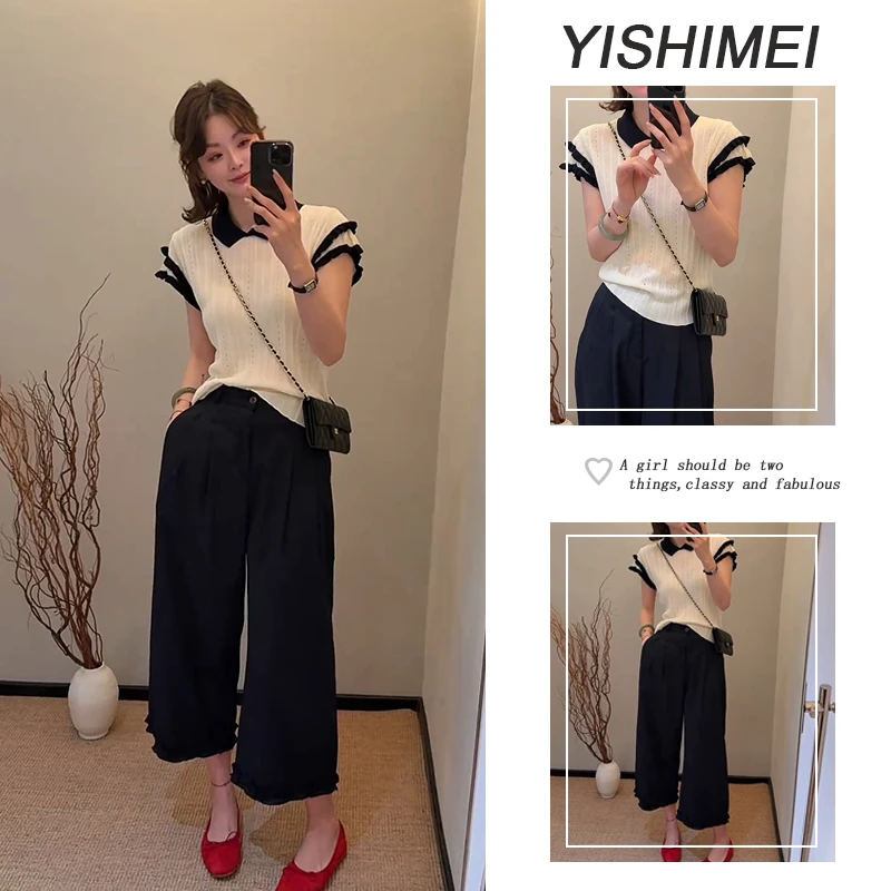 夏季温柔穿搭2025年新款爆款韩系简约针织上衣休闲裤两件套装