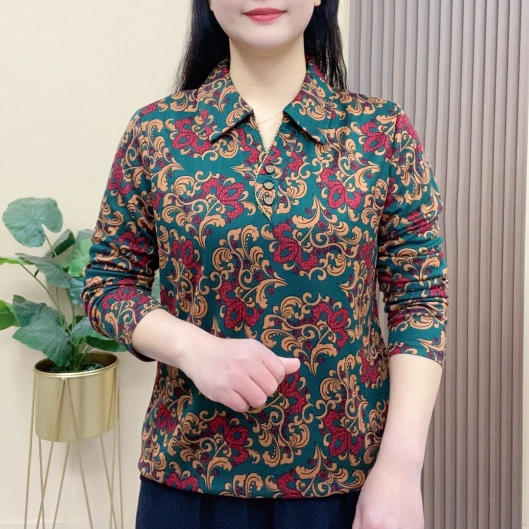 中年女装妈妈春夏时尚打底衫长袖洋气翻领印花小衫上衣减龄遮肉