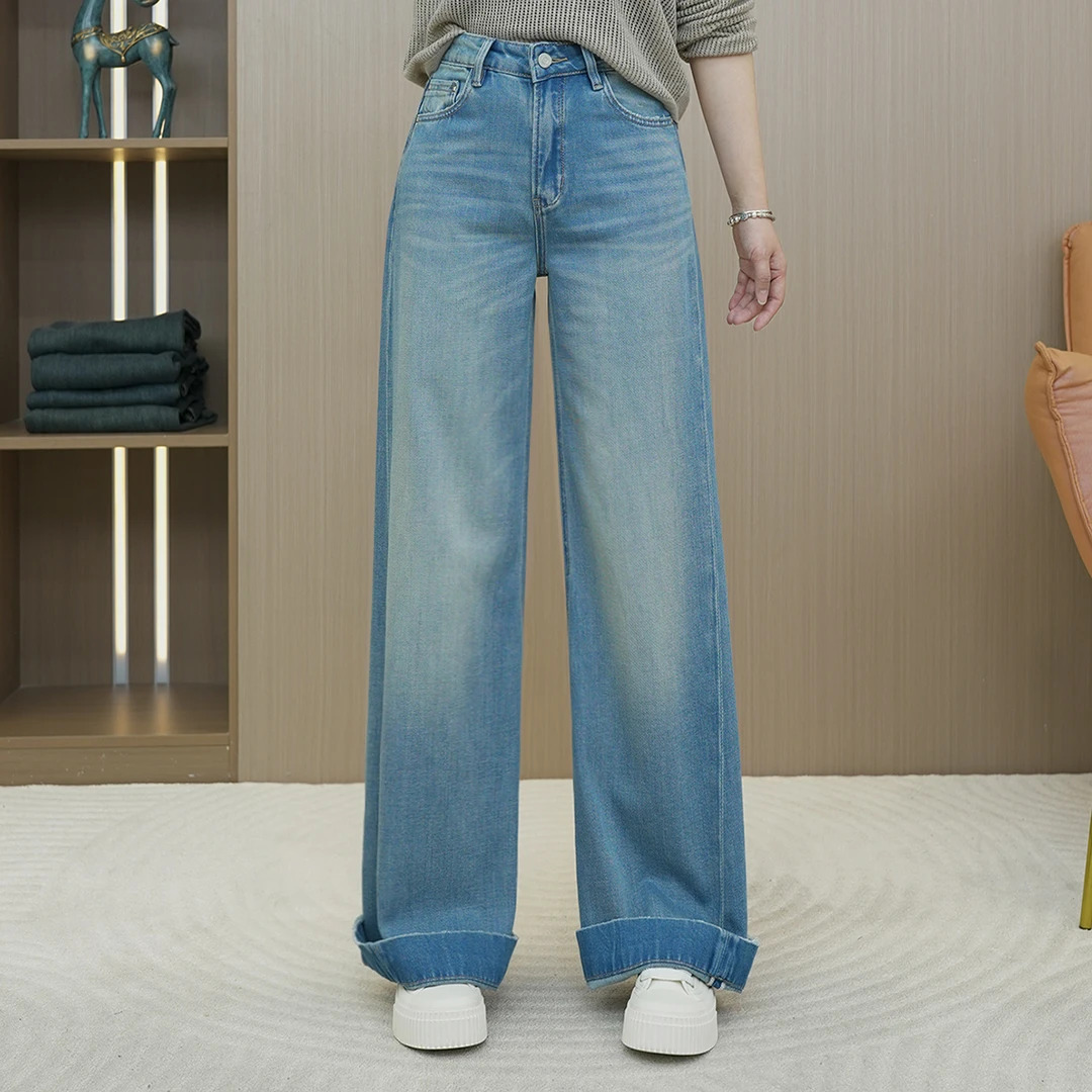 小宜原初翻边大阔腿牛仔裤女春季新款直筒宽松显瘦休闲百搭拖地裤