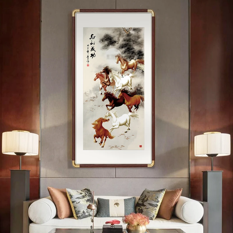 马到成功挂画八骏图新中式客厅装饰画骏马图玄关书房茶室壁画