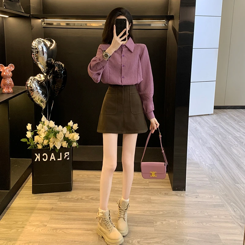 小个子时尚穿搭套装裙女春季盐系洋气减龄衬衫半身裙显瘦两件套