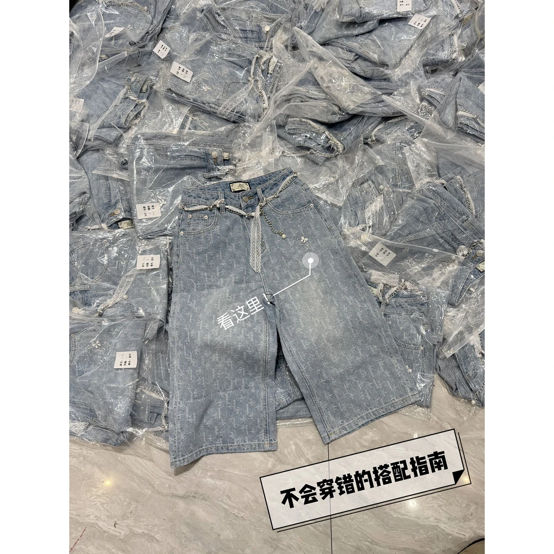 KIKI严选：7719-AMO家南油欧货夏季短裤腰带印花百搭中裤牛仔裤