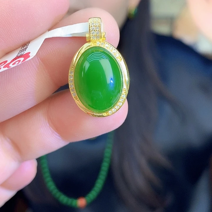 吊坠(不含链)银S925镶嵌和田玉（碧玉）吊坠