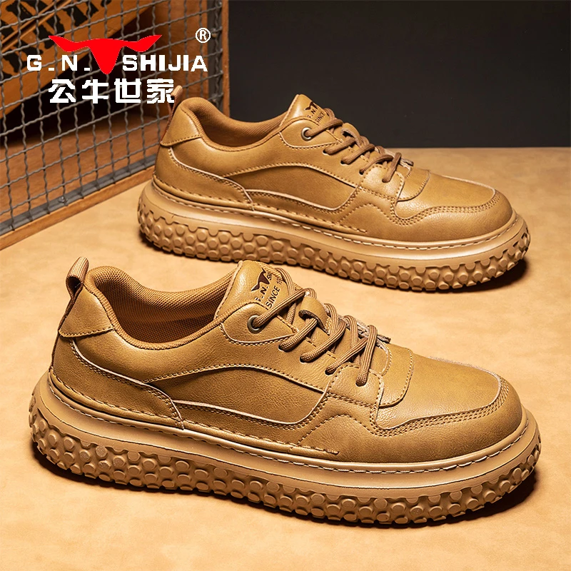 公牛世家男鞋2025春季复古工装休闲皮鞋男士户外潮流厚底运动潮鞋