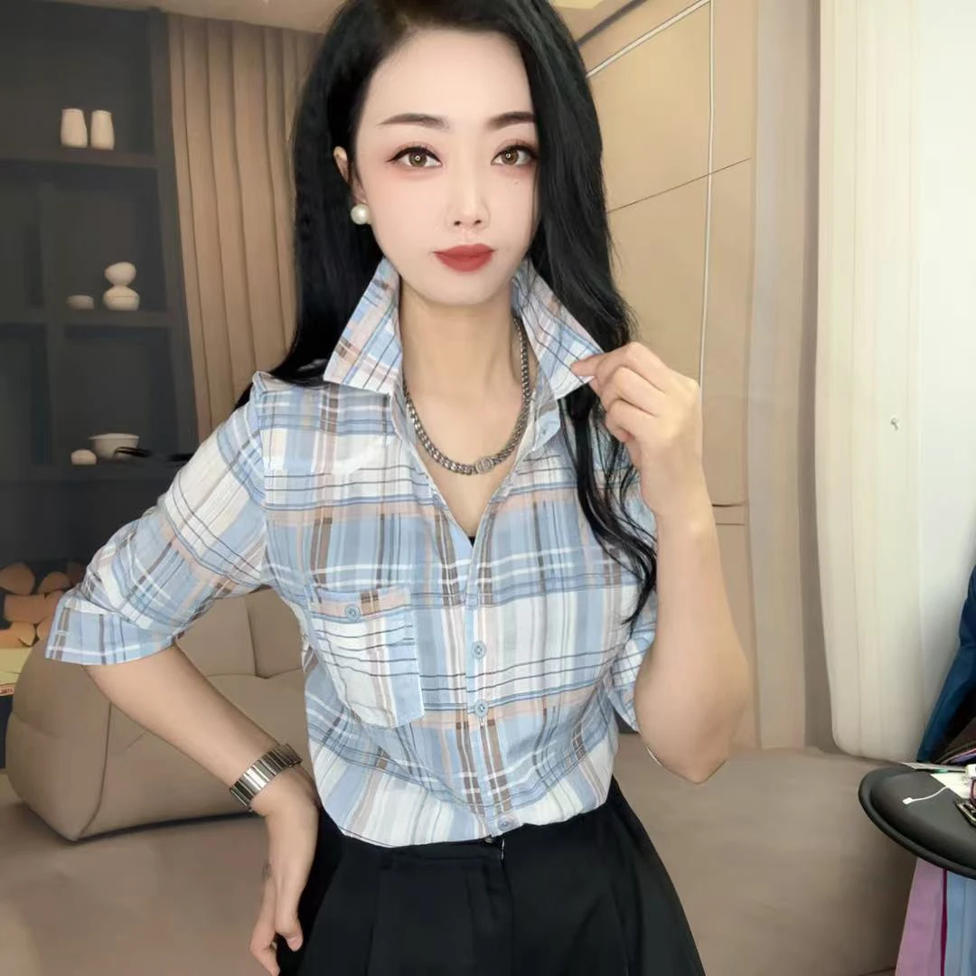 X6962新款格子时尚潮流夏季百搭女装衬衫