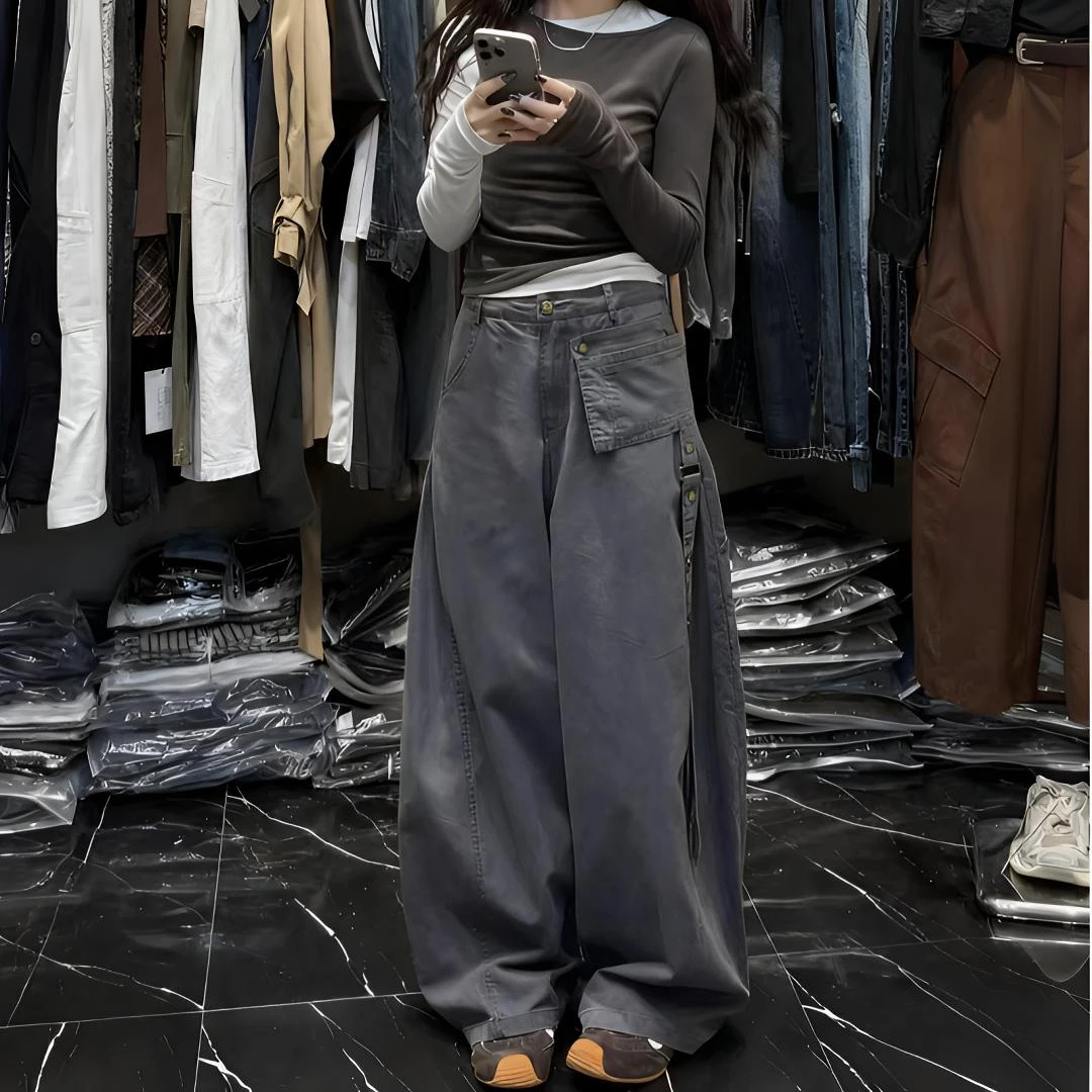 美式秋款流行新款军绿色休闲裤女高腰显瘦复古宽松设计感阔腿裤子