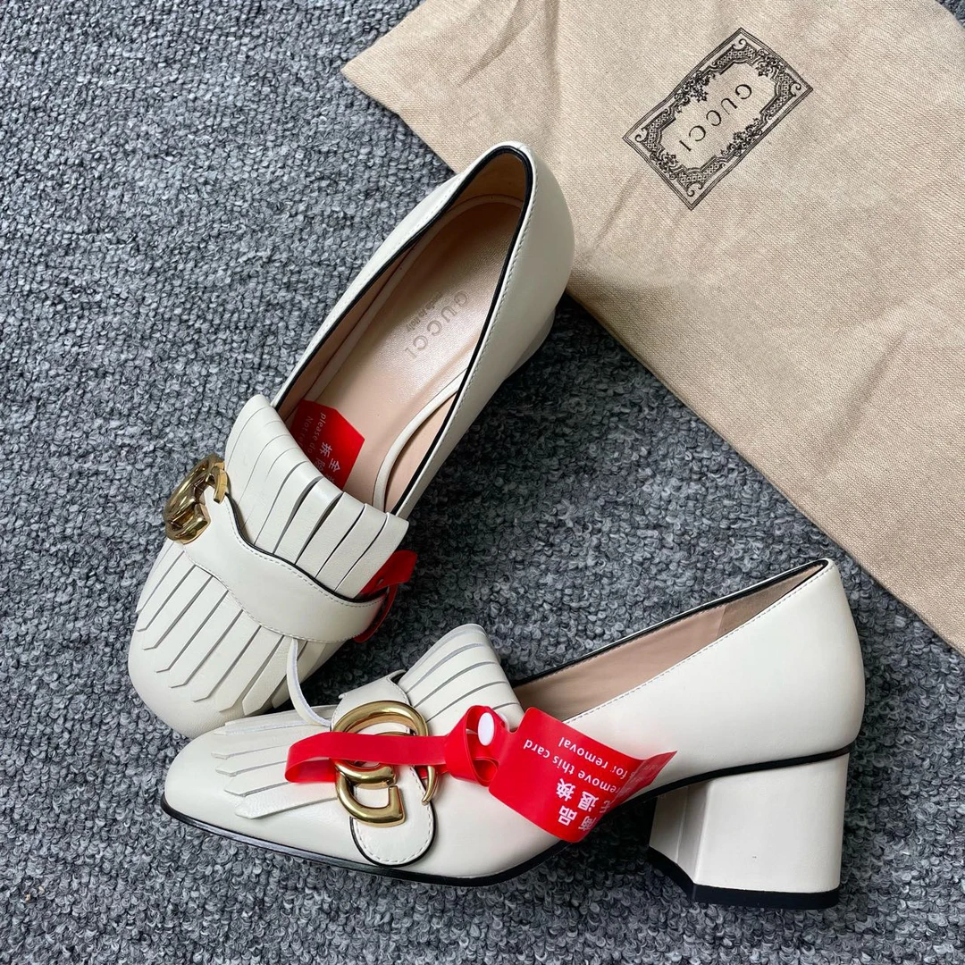 99新 GUCCI/古驰 36码/双G流苏白色粗跟鞋/编码6419