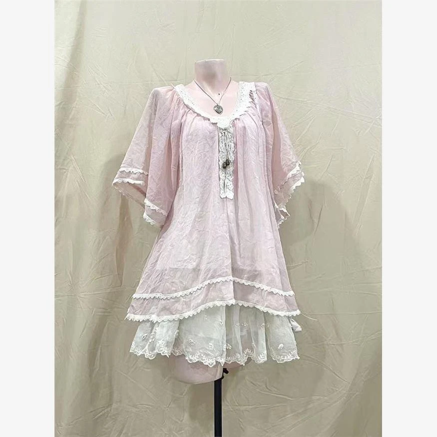 樱洛映雪 夏季日系古早vintage清冷感气质短袖上衣别致短裙两件套