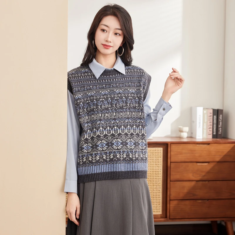 正品哥弟新款羊毛无袖上衣女圆领提花马甲宽松马夹叠穿羊毛上衣