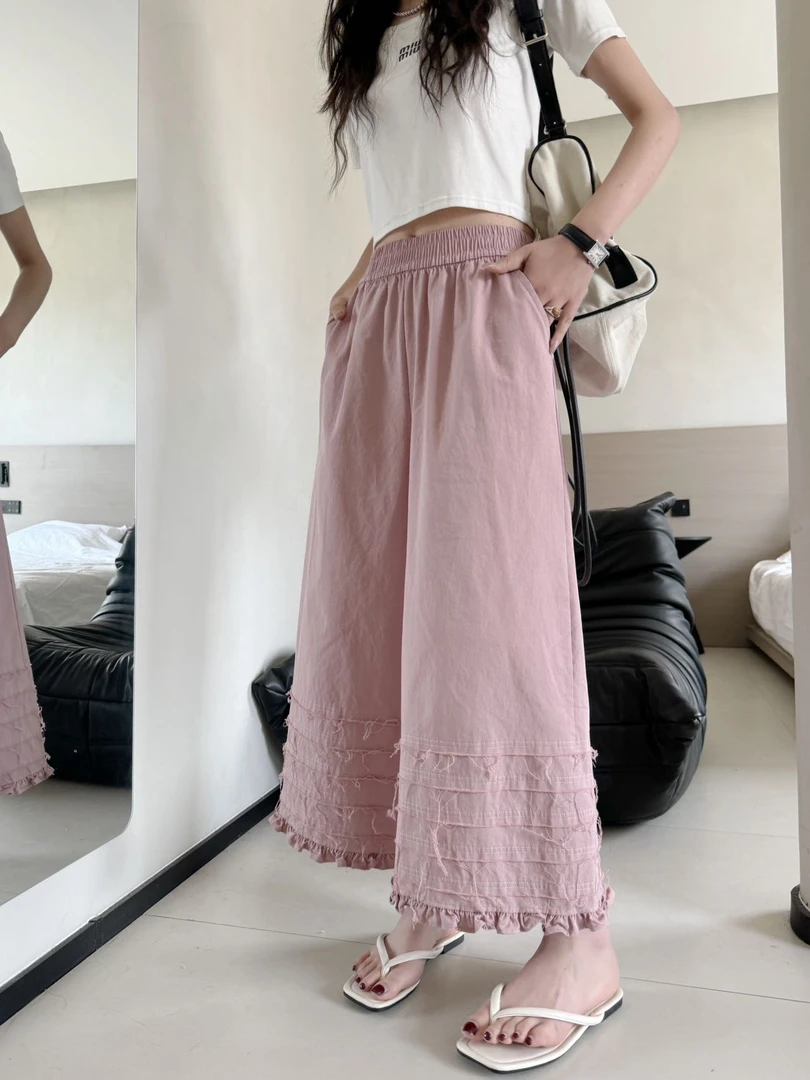 程程甄选-「蛋糕裤」韩系蛋糕花边气质直筒百搭休闲九分裤1023