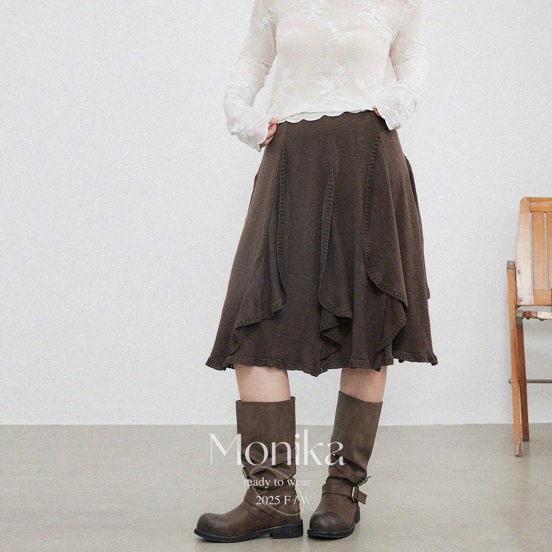 大码设计感慵懒风不规则半身长裙垂坠感针织显瘦A字裙中裙15604