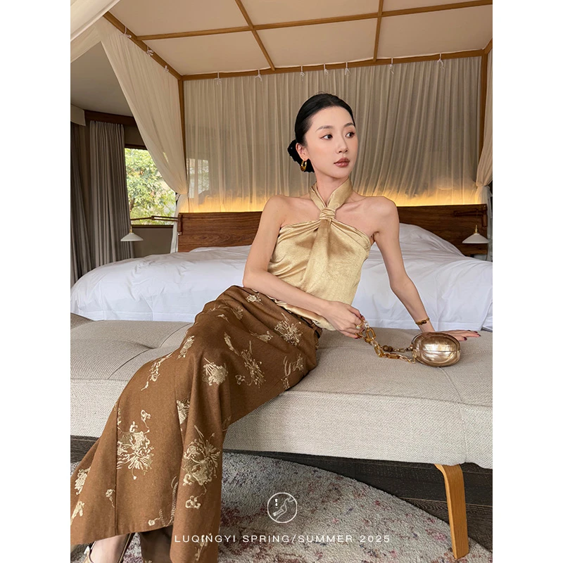 鹭青一原创【玉壶春】法式仿醋酸抽褶挂脖吊带背心女春L25B2151N