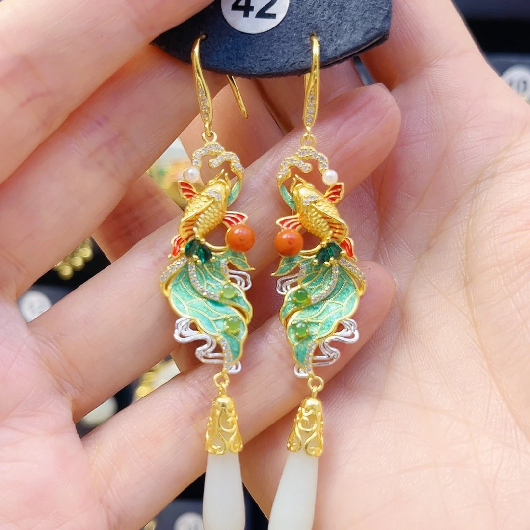 和田玉银S925镀金镶嵌耳饰