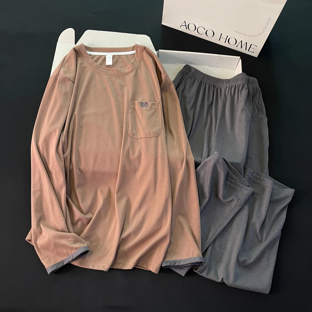 睡衣男士秋冬季人棉长袖大码2025新款舒适保暖家居服棕色春天套装