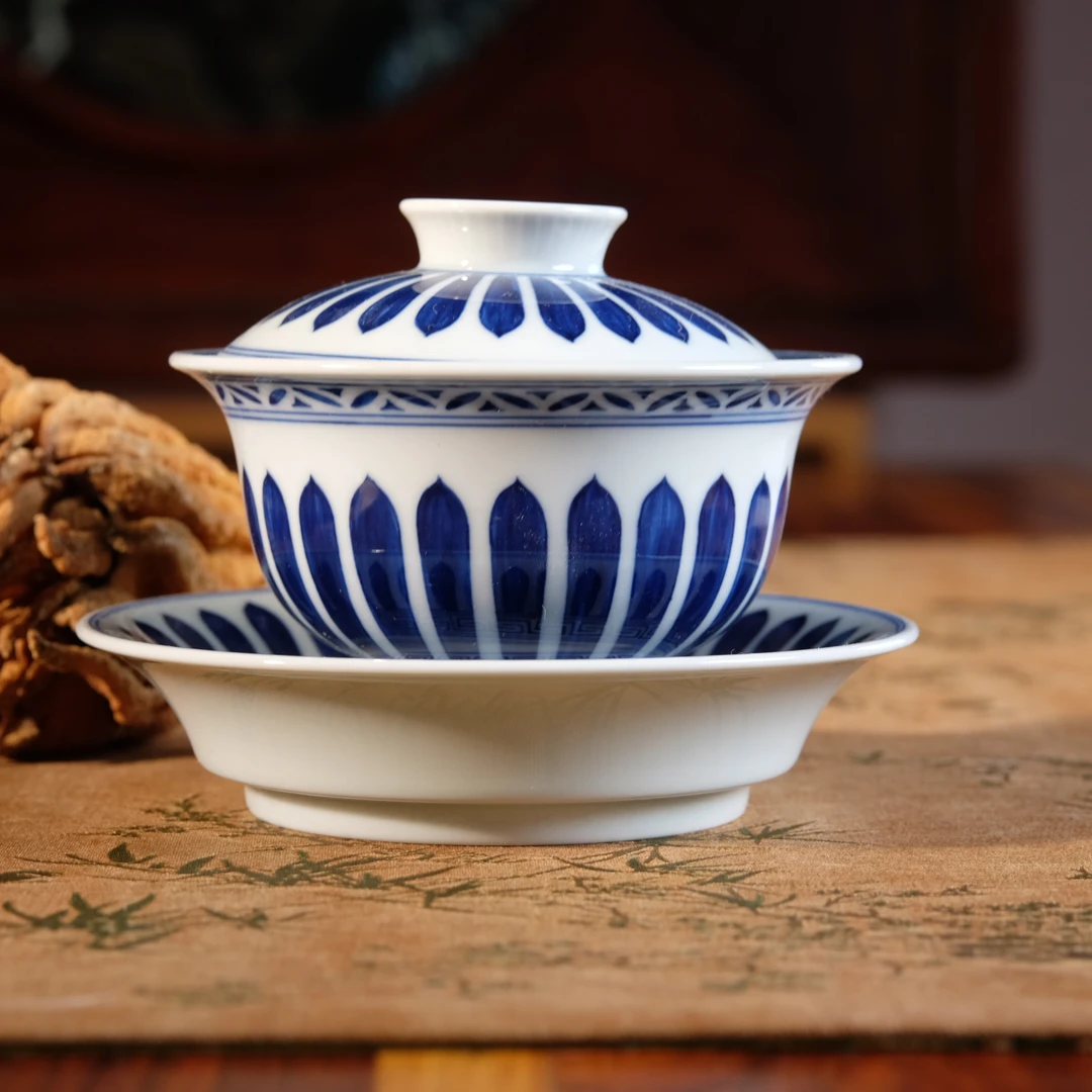 景德镇青花手绘三才宝象纹盖碗茶道用品精致茶具
