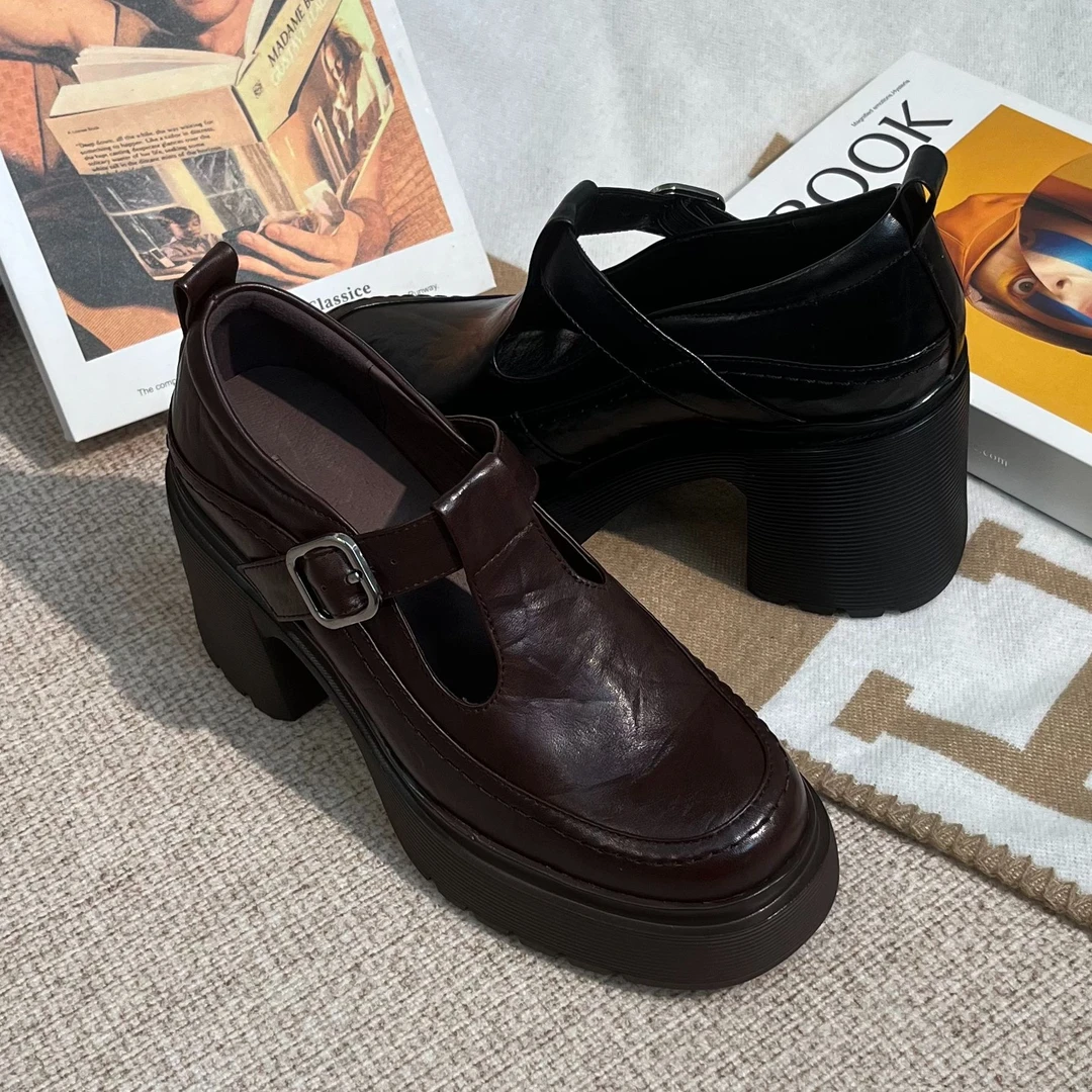 牛皮/10cm/秋季新款小个子增高跟鞋百搭厚底粗跟真皮日常舒适女鞋