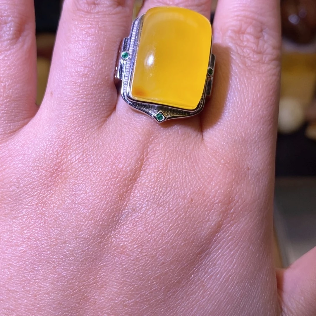 蜜蜡戒指银S925镶嵌狼**羊