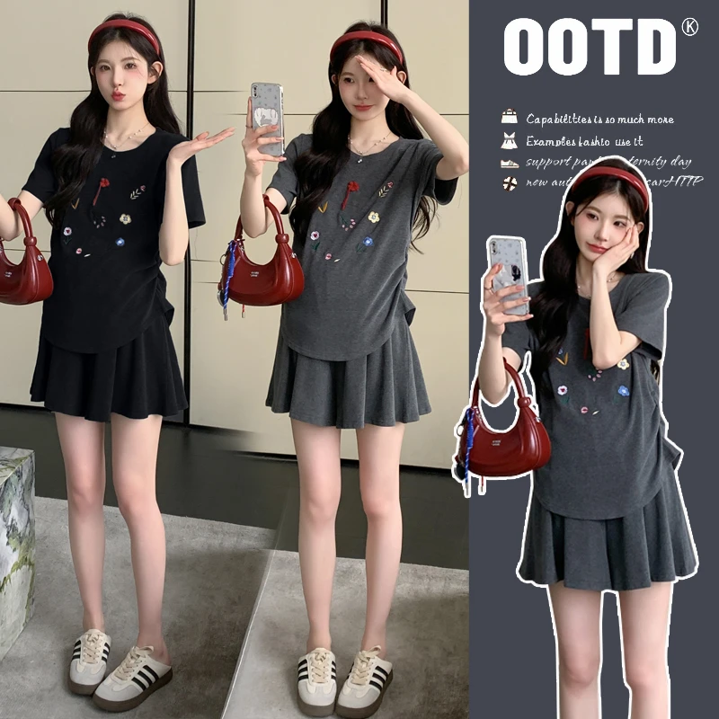 孕妇套装夏装新款时尚韩版小个子显瘦刺绣花朵短袖上衣休闲短裤裙