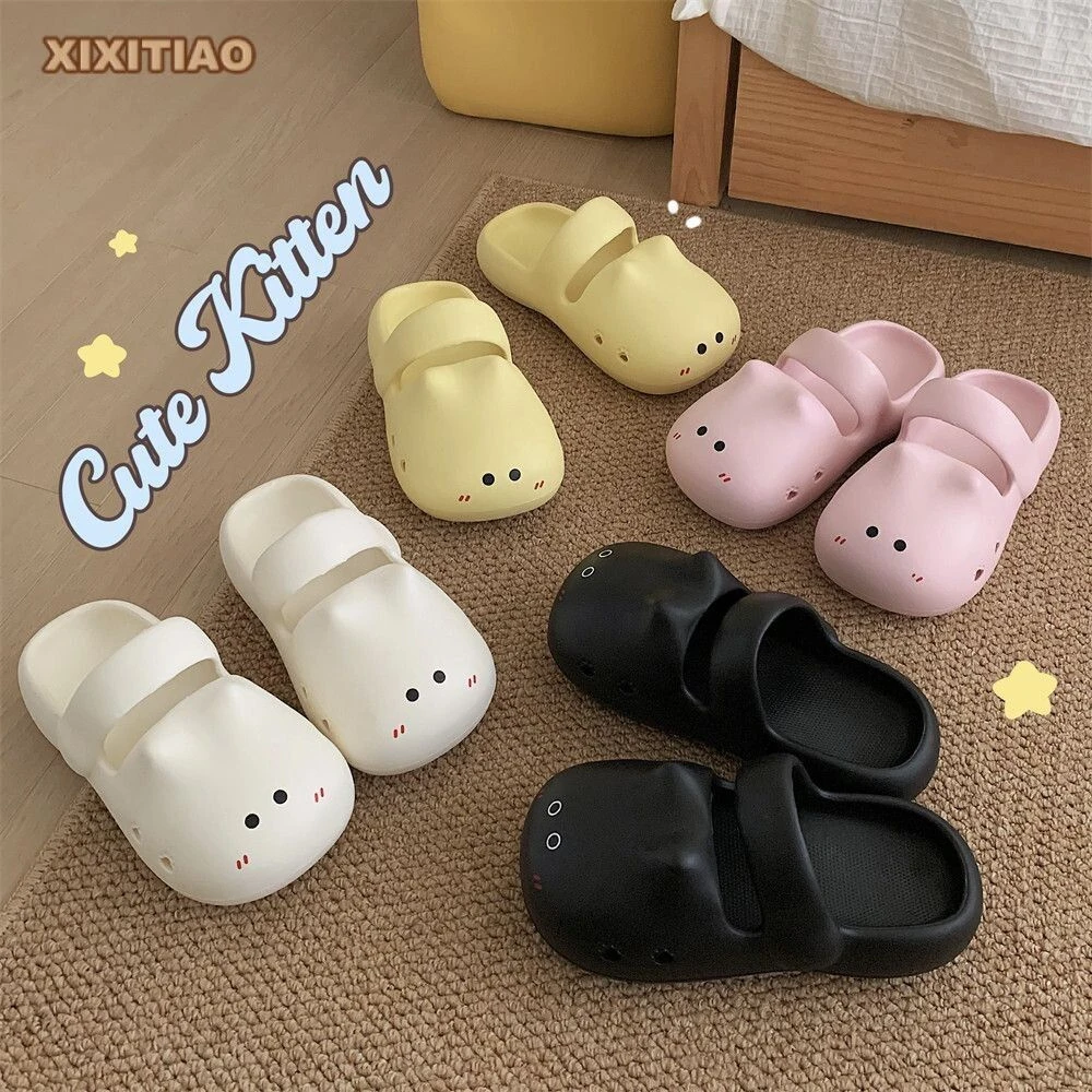 亲子时尚软厚底防撞沙滩鞋创意外穿防滑腮红小猫咪包头半拖鞋女夏