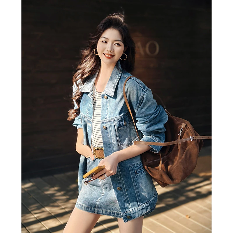 【现货】A美洋MEIYANG口袋单宁牛仔外套复古翻领oversize宽松夹克Es