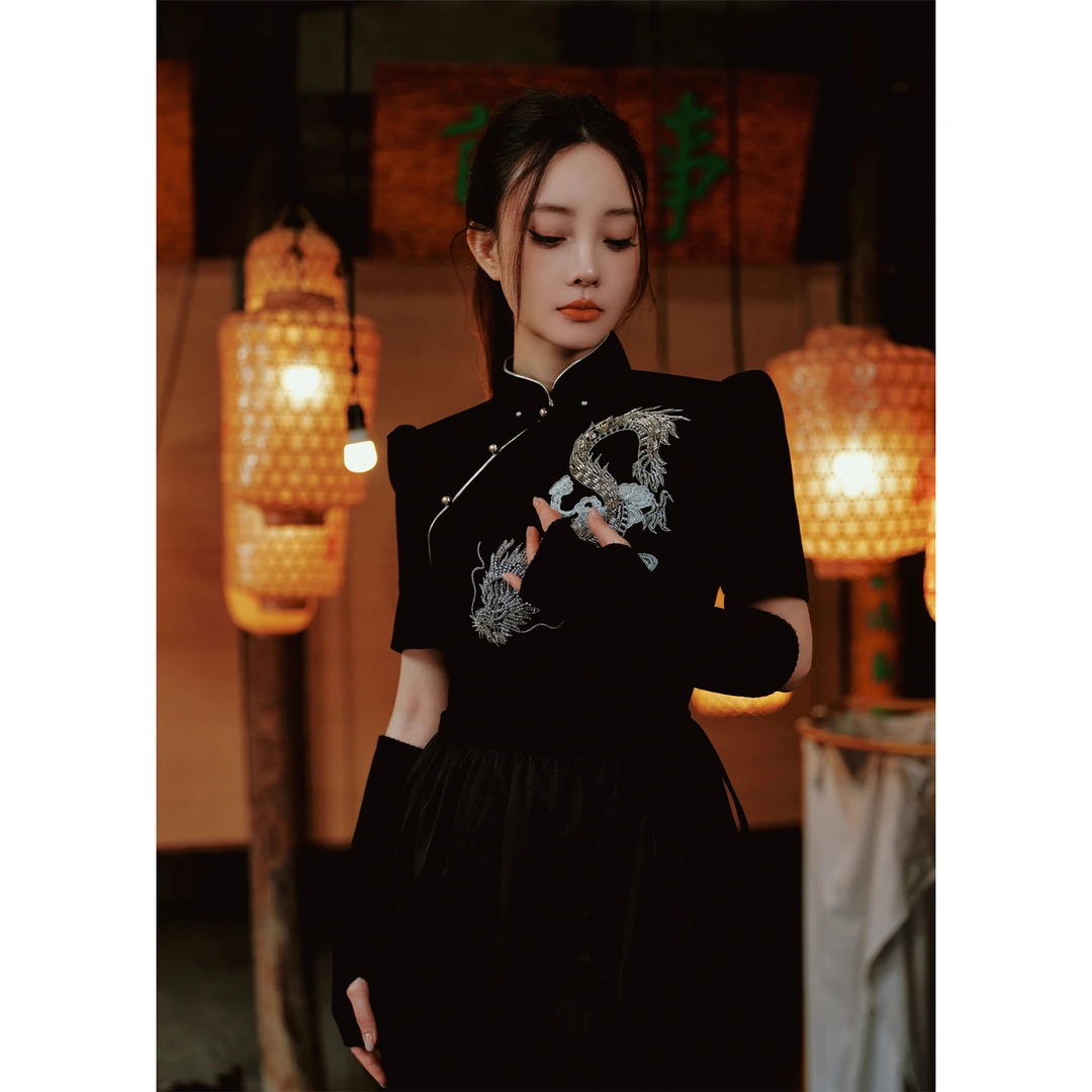 LulusMiracle【夜行孤影】新中式国风旗袍黑色显瘦修身国潮连衣裙女