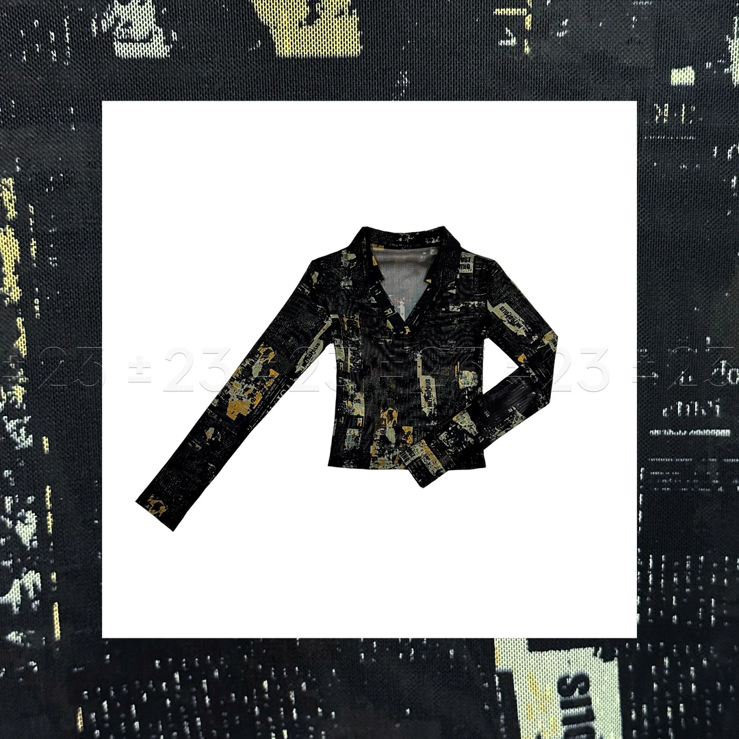 Kenny‘s±23【POLO】SS25015黑色复古时尚风Polo低V领网纱长袖