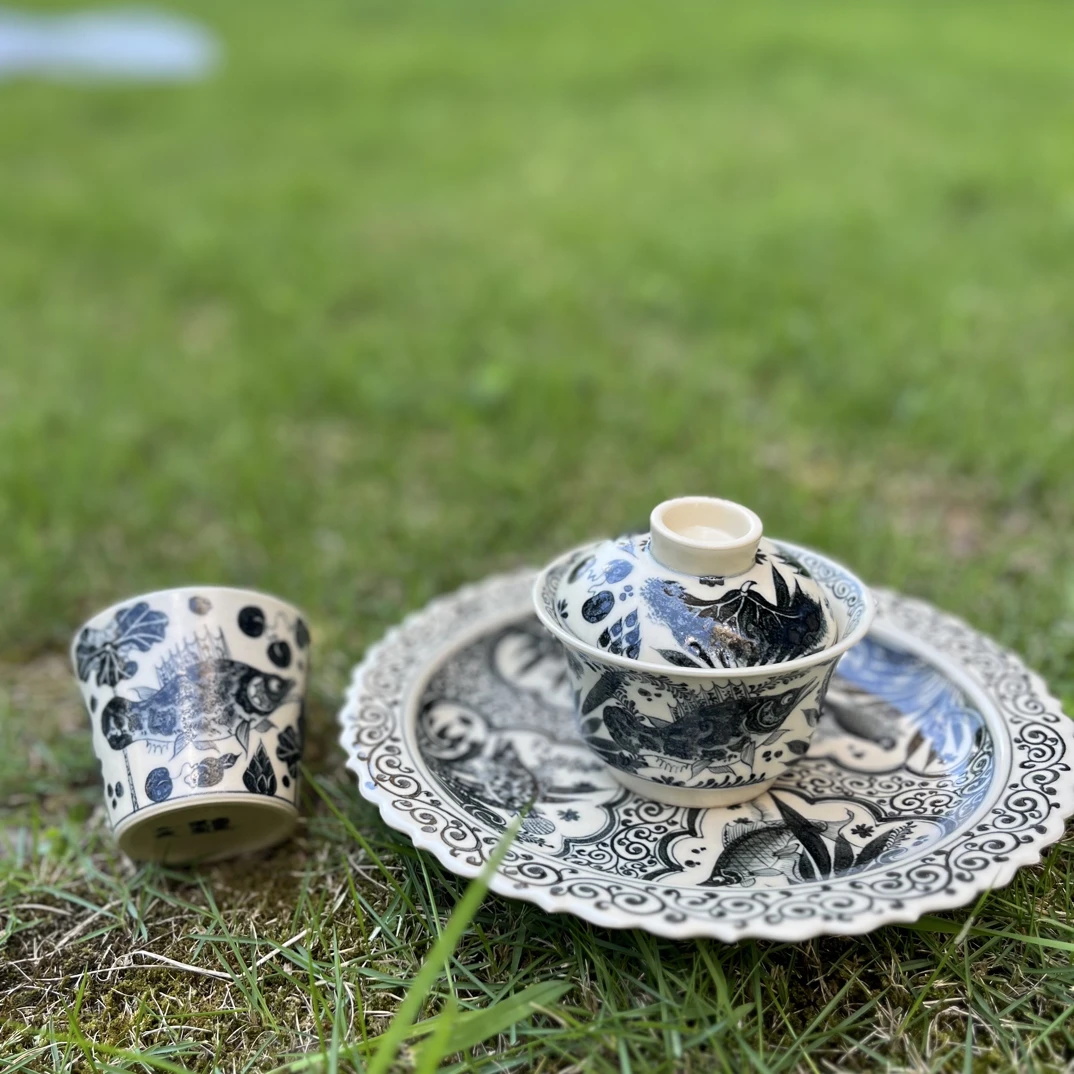 景德镇陶瓷幽蓝溪堂仿元青花二号釉老料鱼藻纹三件套茶具家用