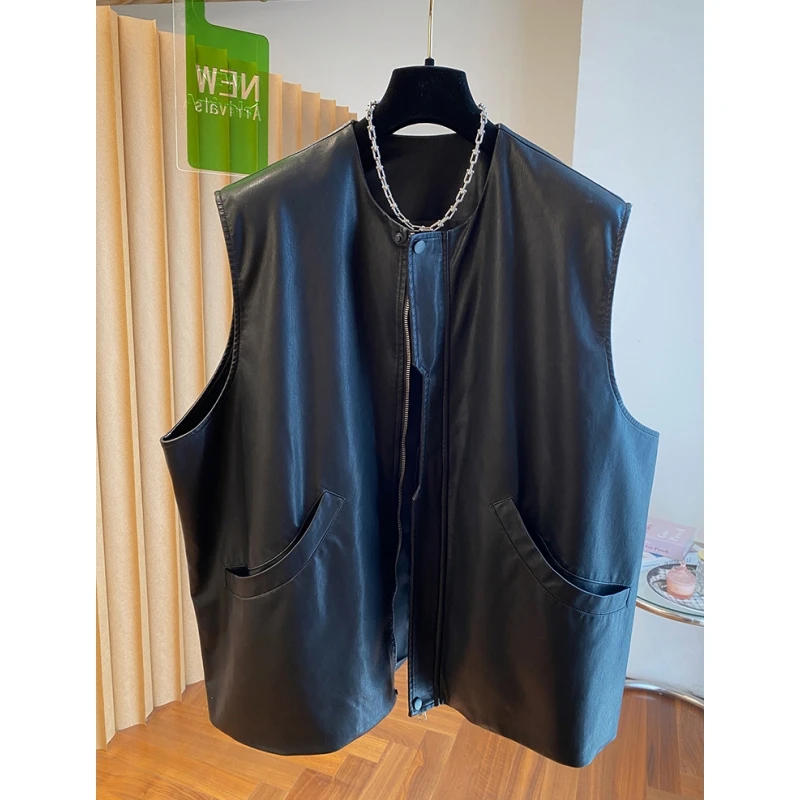 欧货高级感黑色皮马甲女2025春装新款宽松休闲大版马夹背心外套潮