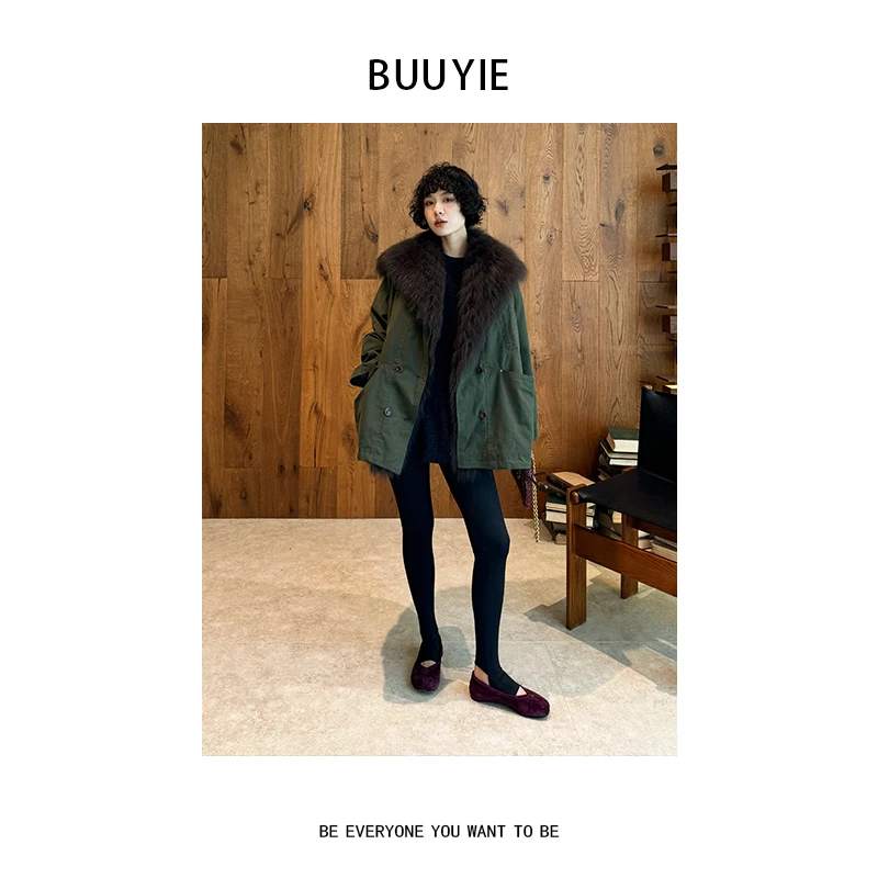 BUUYIE【烬野】大狐狸毛领鹅绒外套女新款冬季保暖宽松派克服251088