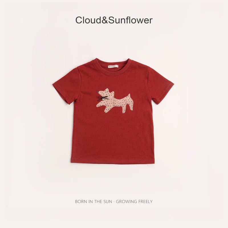 【云朵小葵】女童夏季铃铛波点小狗红色百搭T恤252681