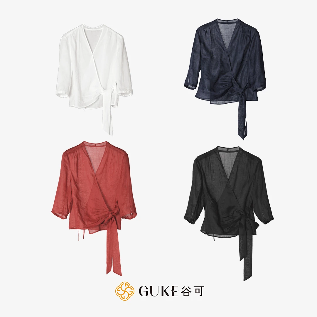 GKE/谷可S5186-1系带苎麻衬衫女装高级感夏季薄款气质外搭衬衣