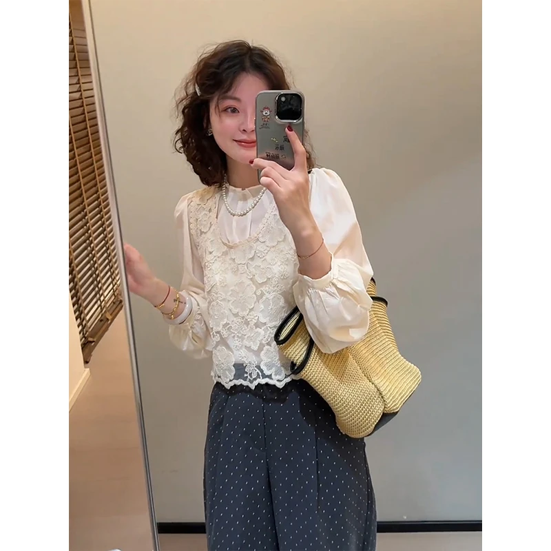 韩系气质钩花蕾丝背心衬衫女春季2025新款时尚减龄气质两件套上衣