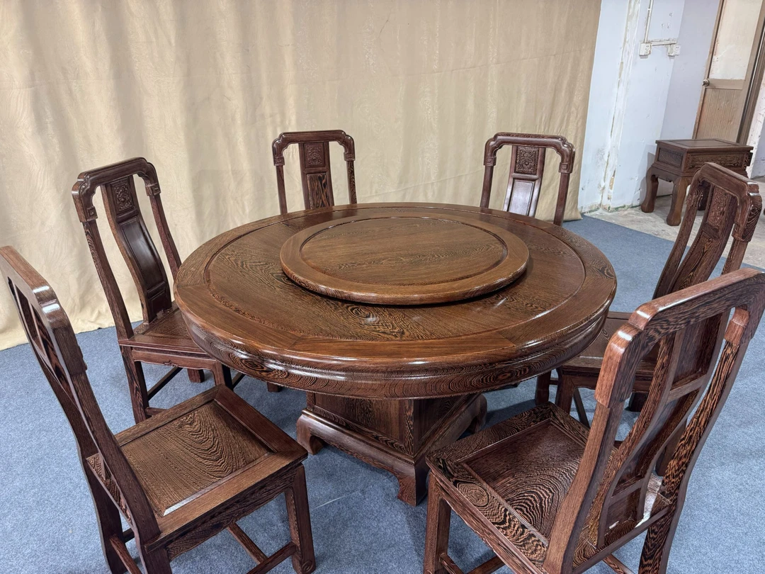 吃饭桌带转盘雕花可储藏餐桌圆形新中式转盘古典家用圆桌饭桌子