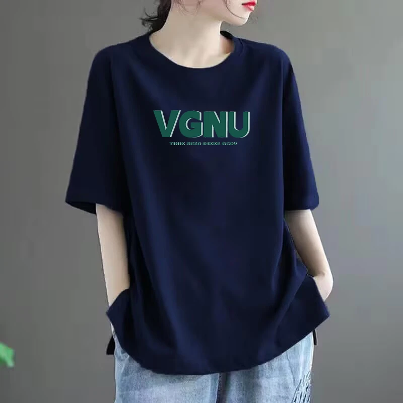 100%棉短袖T恤女夏季字母大码减龄宽松显瘦时尚洋气休闲半袖上衣