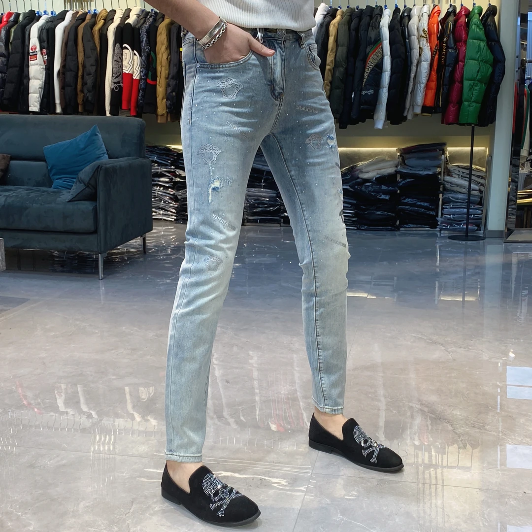 【也许家】2025夏季男士潮流时尚烫钻小脚弹力百搭牛仔裤BB9869